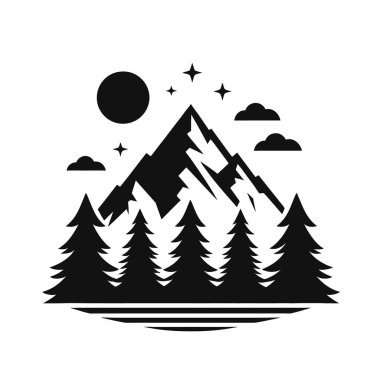 Orman ve dağ ikonu. siyah ve beyaz vektör simgesi. dağ manzarası.
