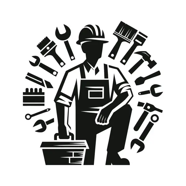 Çapraz kollu bir adamın silueti, inşaat işçisi, çekiç ve aletler.