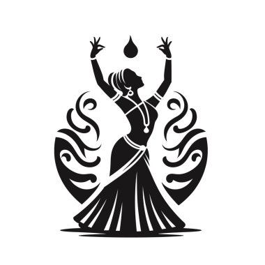 Siyah elbiseli dans eden Hintli kadın, vektör çizimi.