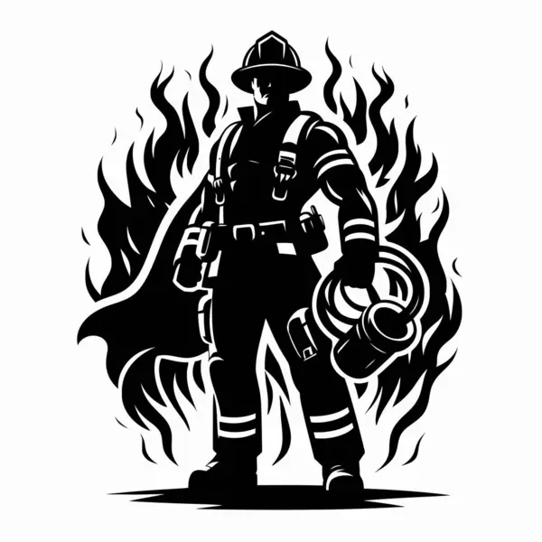 Yangın miğferi ve baltası olan itfaiyeci, vektör çizimi.