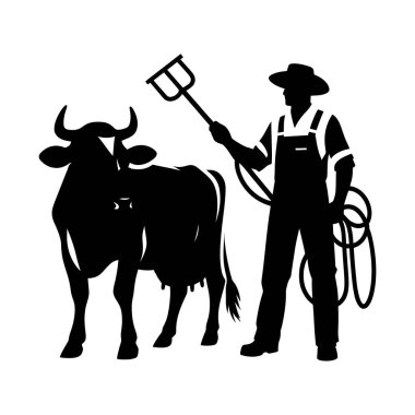 Siyah şapkalı ve elinde inek olan bir çiftlik işçisinin vektör çizimi.