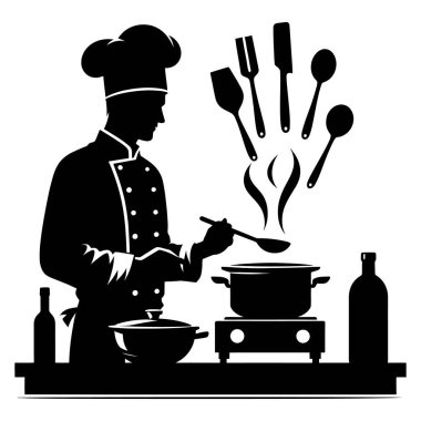 Şef mutfakta yemek pişiriyor.