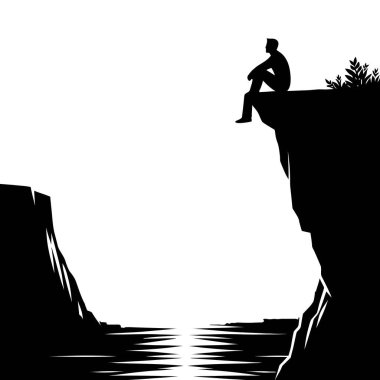 Doğada uçurumun kenarındaki bir adamın silueti. vektör illüstrasyonu.