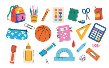 Okul Malzemeleri Vektör Seti Sırt Çantası, Kırtasiye, Hesap Makinesi, Not Defteri, Sanat, Spor, Sınıf Klibi