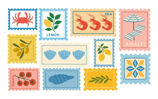 Klasik Yaz Posta Damgası Yengeci, Limon, Karides, Deniz Kabuğu, Plaj Şemsiyesi, Zeytin, Kiraz, Denizsel Retro Clipart