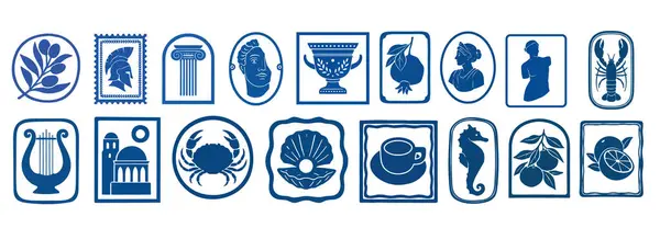 Klasik Mavi Cameo Simgesi Set Yunan Roma Silueti, Yengeç, Kabuk, Deniz atı, Vazo, Lir, Klasik Sanat Clipart