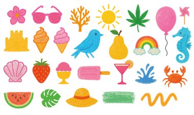 Elle çizilmiş suluboya yaz elementleri.