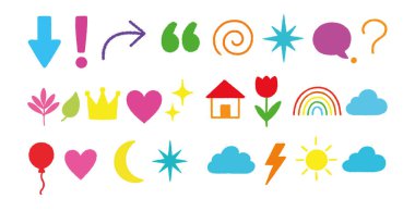 Renkli çizgi film el çizimi vektör elementleri. Çıkartmalar, çıkartmalar, rozetler, çıkartmalar, rozetler için koleksiyon.