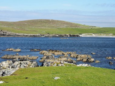 Minn plajı, ya da Bannaminn plajı, Shetland adalarında çarpıcı bir tombolo. Mavi gökyüzü, turkuaz su ve beyaz kum. Shetland Adaları. İskoçya