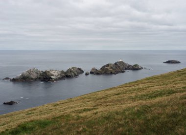 Hermaness Ulusal Doğa Koruma Alanı. Muckle Flugga Deniz Feneri ve Out Stack, Birleşik Krallık 'ın en kuzeyindeki nokta. Unst Adası, Shetland Adaları. İskoçya.