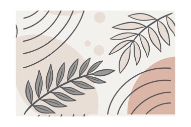 Hassas botanik elementleri ve yumuşak pastel şekilli ve ince daireli nötr bir zemine karşı akan hatları içeren minimalist soyut bir çizim..