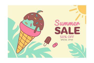 Dondurma ve Tropikal Yapraklarla Yaz Satışı Bayrağı