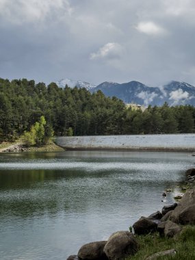 Ormanın içindeki ayna gölü. Engolasters Gölü, Andorra.