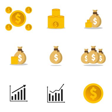 Finans ve iş simgeleri seti, Para ve istatistik simgesi, para ve çanta parası