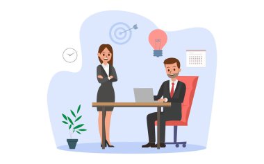 Planlama hedefi, fikir ve hedef vektör illüstrasyonuyla çalışan düz tasarım ekibi