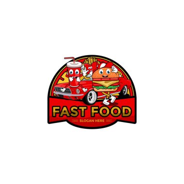 Fast food logo şablonu, hamburgerli yiyecek, içecek ve araba ikonu vektörü