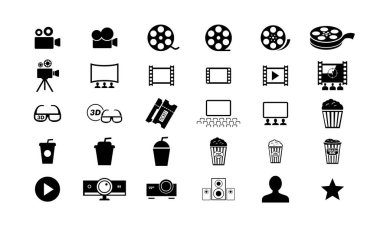 Sinema Film simgeleri vektör illüstrasyonunu ayarlar. Film, film, TV, video ve daha fazlası gibi simgeleri içerir.