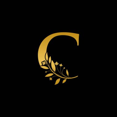 Altın çiçekli C harfi logo simgesi, Lüks alfabe yazı tipi ilk tasarımı siyah arkaplan üzerinde izole