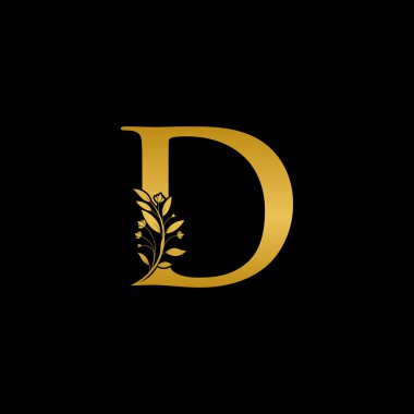 Altın çiçekli harf D logo simgesi, Lüks alfabe yazı tipi ilk tasarımı siyah arkaplanda izole