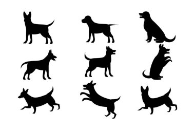 Köpek simgesi vektörü, izole edilmiş siyah köpek silueti, koleksiyon