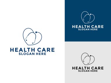 Doktor veya Klinik logo simgesi, kalp şekli ve tıbbi tasarım vektörü olan steteskop logosu sağlık hizmeti