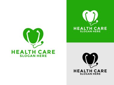 Doktor veya Klinik logo simgesi, kalp şekli ve tıbbi tasarım vektörü olan steteskop logosu sağlık hizmeti