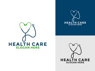 Doktor veya Klinik logo simgesi, kalp şekli ve tıbbi tasarım vektörü olan steteskop logosu sağlık hizmeti
