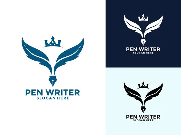 Tüy Kanatları ve Crown logo tasarımlı Kalem Yazıcı, Tüy tüy kalem yazar logo tasarım şablonu
