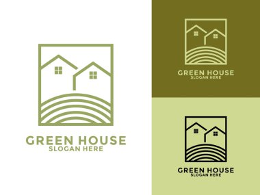 Yeşil Ev Satır Biçimli Logo Tasarım Vektörü, Ağaç Evi iş logosu vektör şablonu