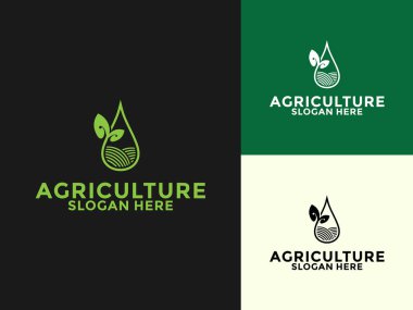 Arazili su damlası ve tarım, tarım, çiftlik alanı, doğal hasat, çiftçi ve daha fazlası için bitki taşıyıcı logo tasarımı şablonu