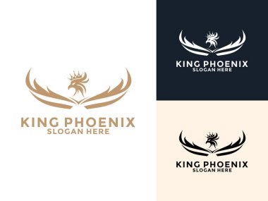 Crown logo tasarım şablonu olan Phoenix Bird, kanatları ve taç vektör simgesi olan Phoenix.