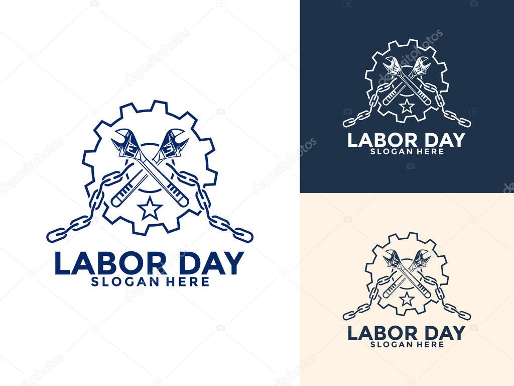 Labor Day with wrench, and Chains Logo vector, Construction, worker logo design template, illustration, poster, flyer, greeting card