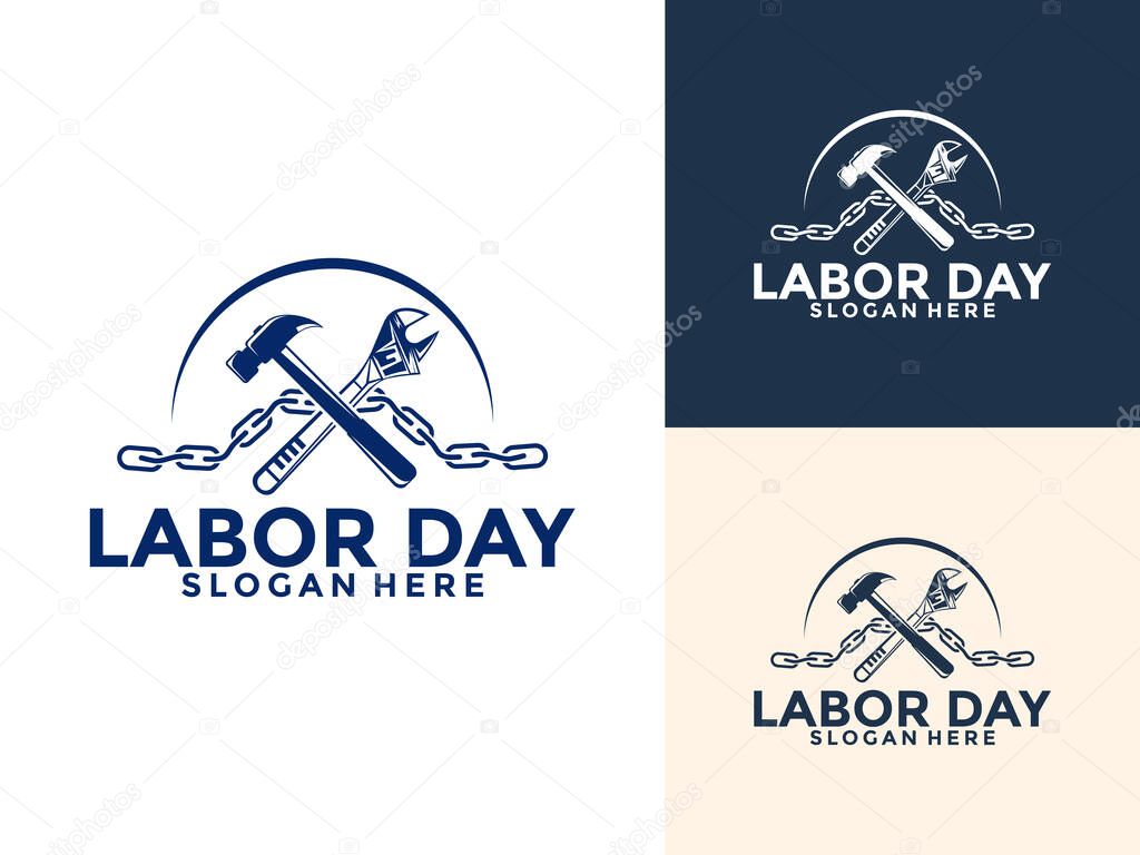 Labor Day with hammer, wrench, and chain Logo vector, Construction, worker logo design template, illustration, poster, flyer, greeting card