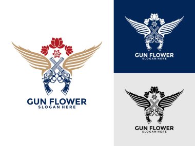 Yaratıcı Silah, Kanatlar ve Çiçek Logosu Vektör Tasarımı. Vintage Gun Logo Şablonu,