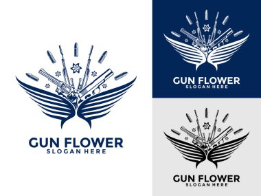 Yaratıcı Silah, Kanatlar ve Çiçek Logosu Vektör Tasarımı. Vintage Gun Logo Şablonu,
