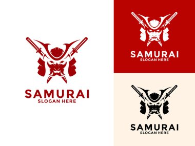 Katana logosuna sahip Samuray Başı, Japon Savaşçı Samuray Şövalye logosu tasarım şablonu