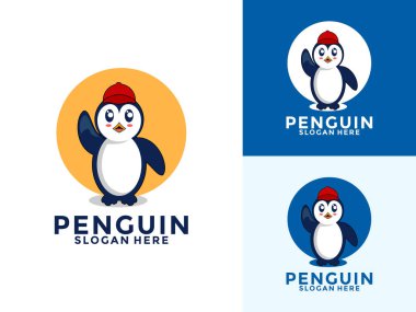 Sevimli Penguen Dalgalanan El Logosu Çizgi film Vektör Simgesi Resimleri, Penguen Logo Şablonu