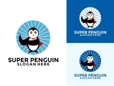 Sevimli Süper Penguen Logosu Çizgi film Vektör Simgesi İllüstrasyonu, Penguen Logo Şablonu