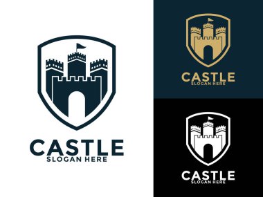 Kalkan logo vektörü, Castle veya Fortress logo dizayn şablonuna sahip Retro vintage kale