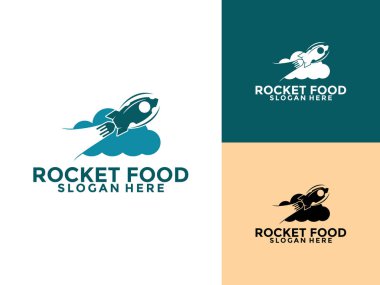 Kaşık ve çatal logolu roket kombinasyonu. Fast food teslimatı ve roket logo şablonu