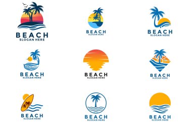 Summer Beach Logo Tasarım Vektörü, Plaj Logo Tasarım Şablonu Koleksiyonu