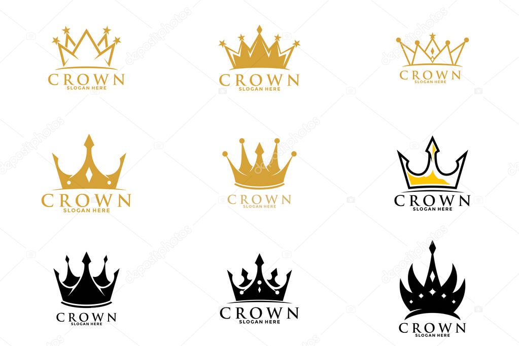 Gold Crown set Logo Design, Collection of crown silhouette, vector.