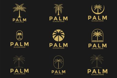 Palmiye ağacı logo vektör çizimi seti. lüks altın palmiye logo şablonu