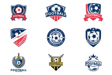 Futbol logosu ya da futbol kulübü rozeti seti. Kalkan arkaplan vektör tasarımlı futbol logosu