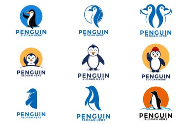 Sevimli penguen logo tasarım vektörü, Penguen vektör logosu ve maskot koleksiyonları kümesi