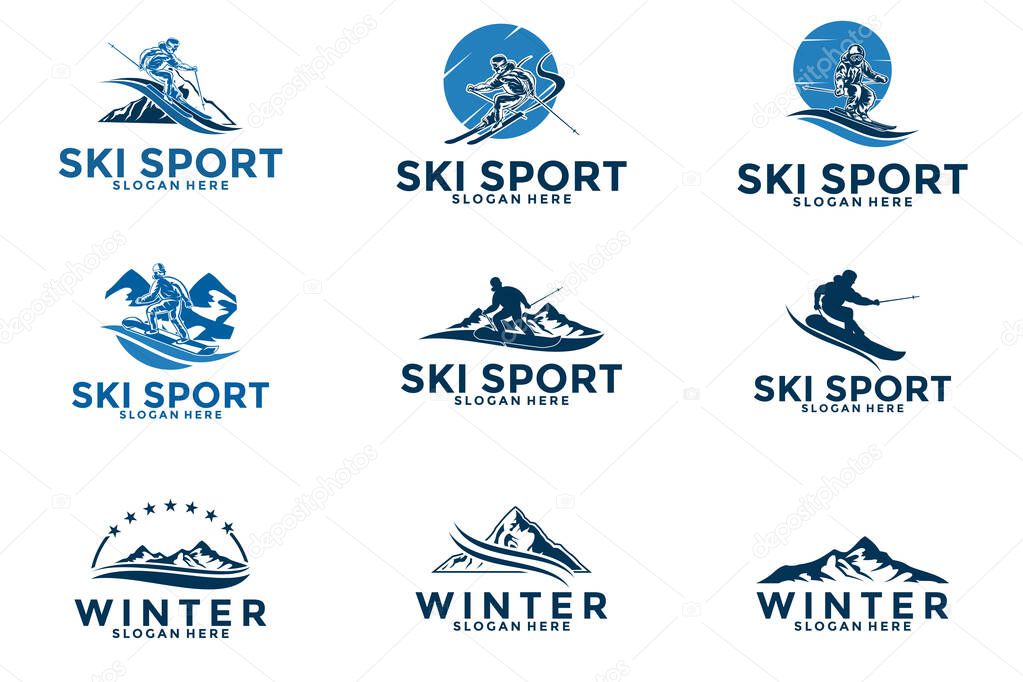 Set skiing stylized and mountain logo vector symbol, Ski logo icon template collections