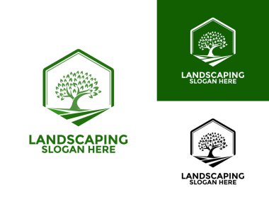 Basit peyzaj Logosu Tasarım Şablonu, Ağaç ve Çimen logo vektörü ile Altıgen