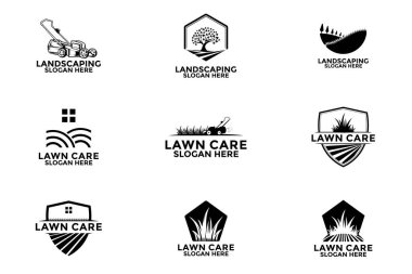 Çim bakım logosu ve peyzaj logosu tasarım vektörü, peyzaj ve çim konsepti logo tasarım şablon koleksiyonları kümesi