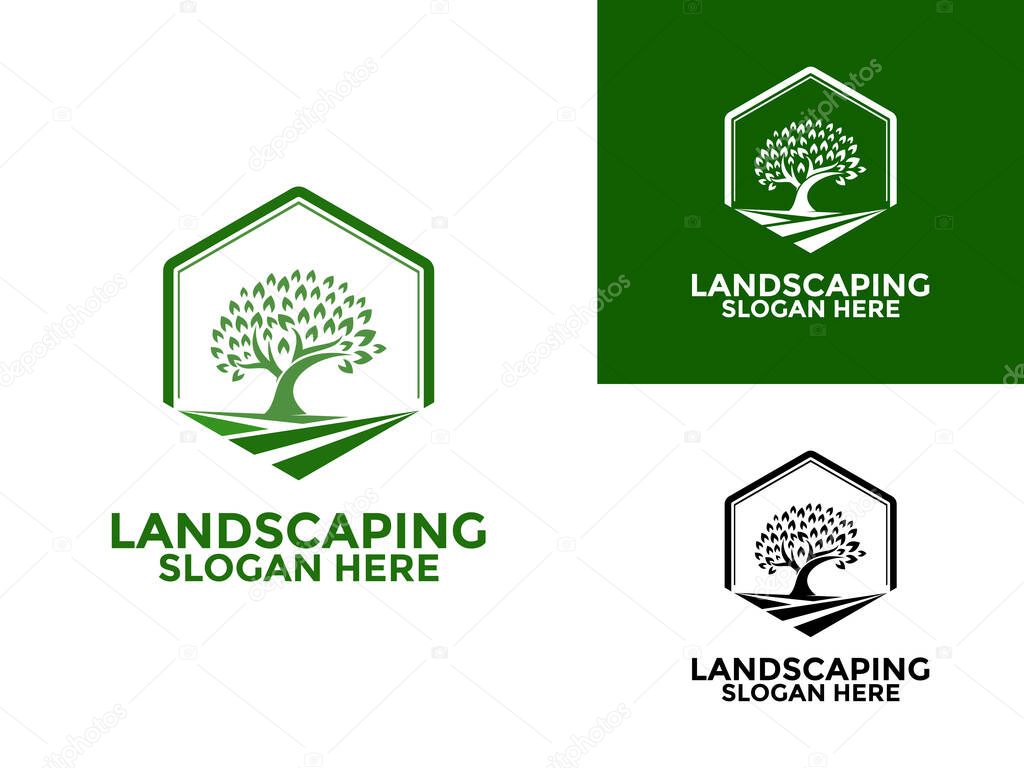 Simple Landscaping Logo Design Template, Hexagon with Tree and Grass logo vector