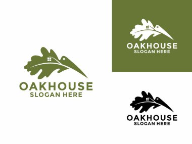 Oak House logo simgesi, ev logosu tasarımı illüstrasyon vektör şablonlu meşe yaprağı